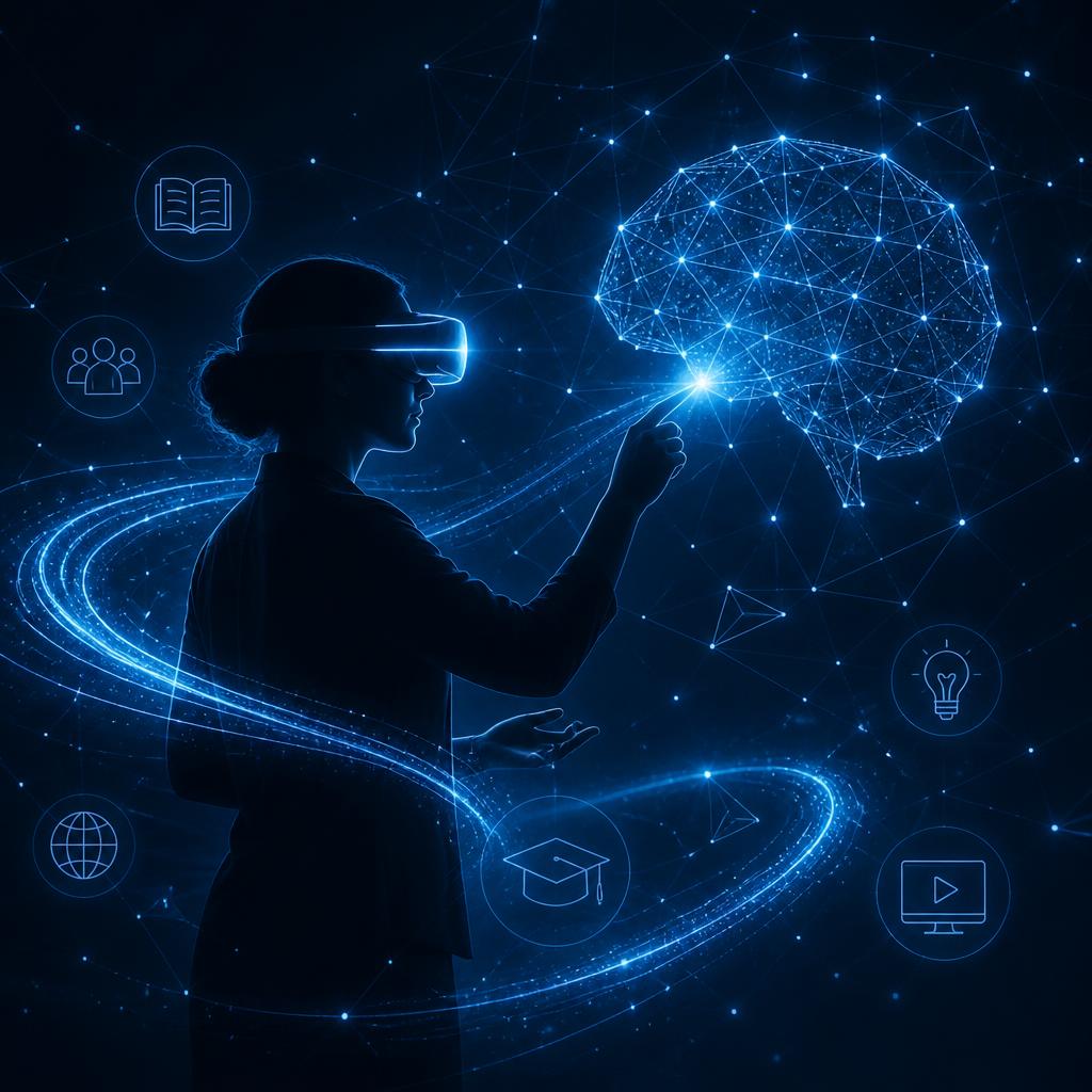 Educadora conectada a uma rede neural com realidade estendida